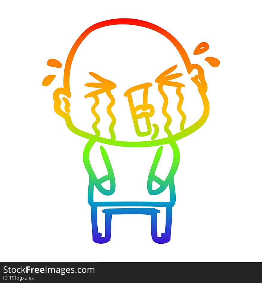 Rainbow Gradient Line Drawing Cartoon Crying Bald Man