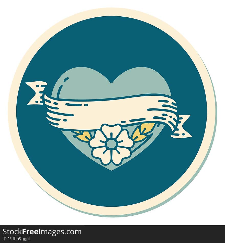 sticker of tattoo in traditional style of a heart and banner with flowers. sticker of tattoo in traditional style of a heart and banner with flowers