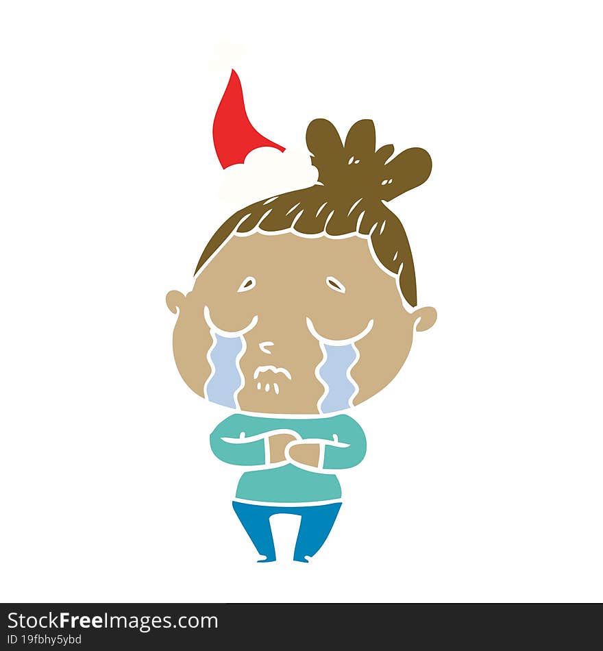 flat color illustration of a crying woman wearing santa hat