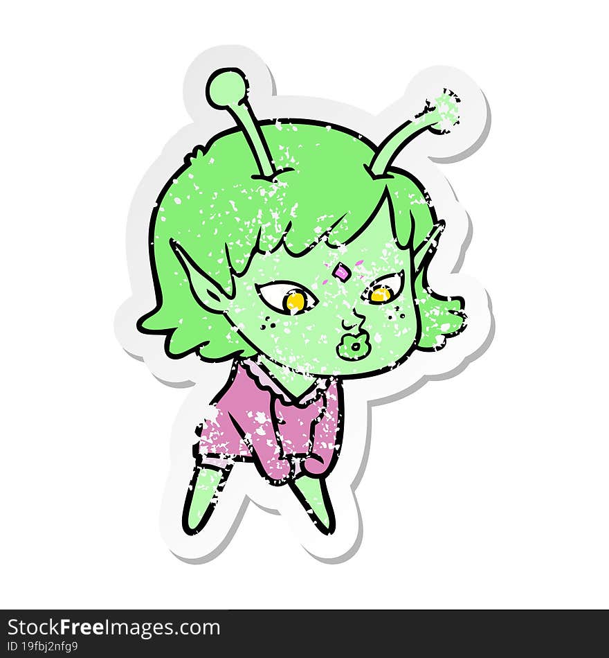 distressed sticker of a pretty cartoon alien girl