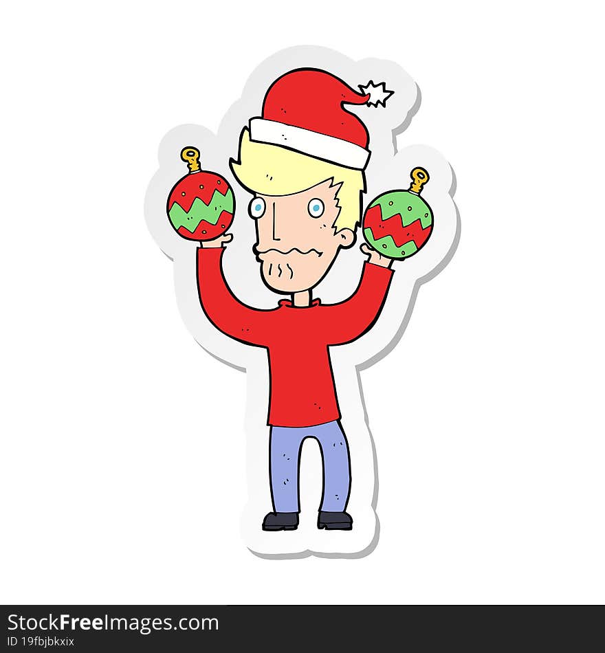 Sticker Of A Cartoon Man With Christmas Baubles