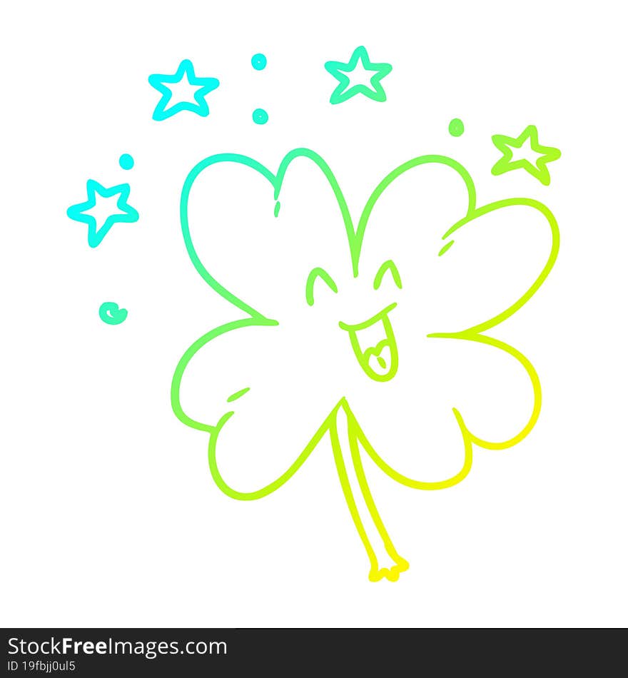 cold gradient line drawing of a happy cartoon four leaf clover