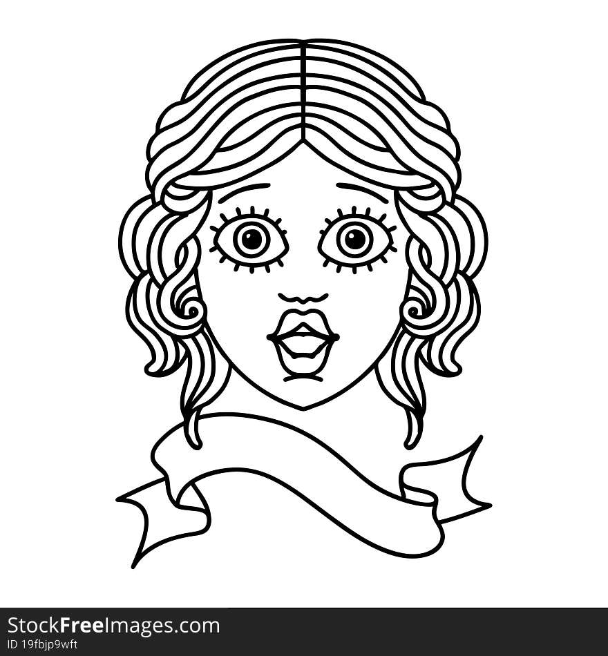 black linework tattoo with banner of female face