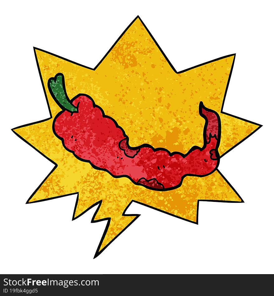 Cartoon Chili Pepper And Speech Bubble In Retro Texture Style