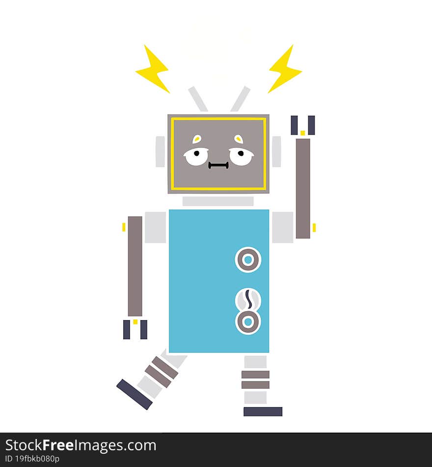 flat color retro cartoon of a malfunctioning robot