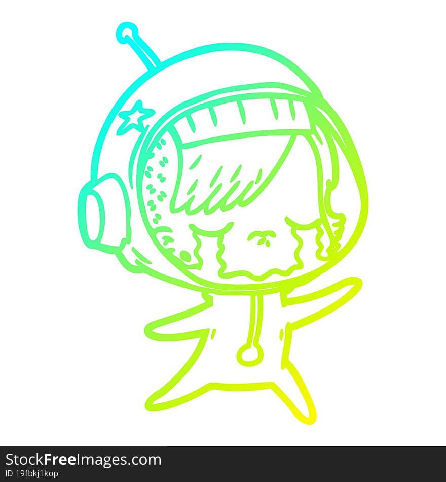 cold gradient line drawing of a cartoon crying astronaut girl