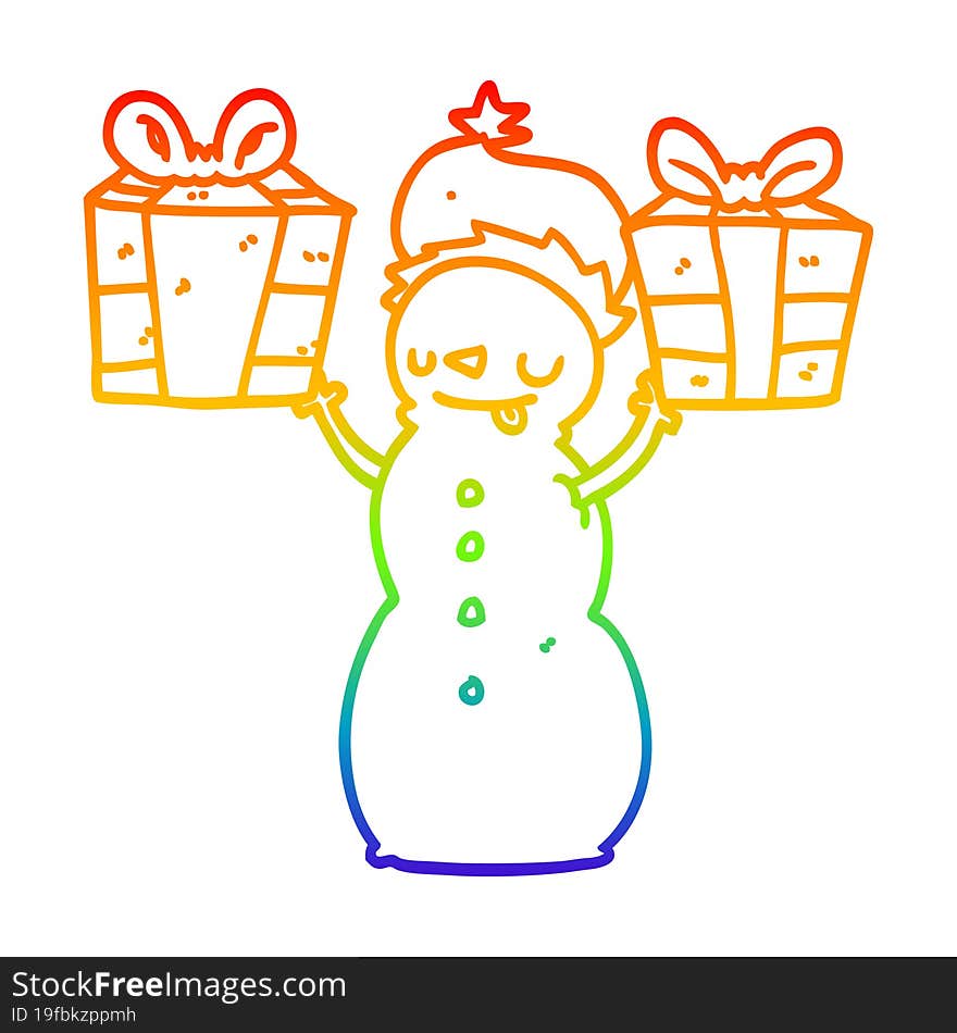 rainbow gradient line drawing of a cartoon snowman with present