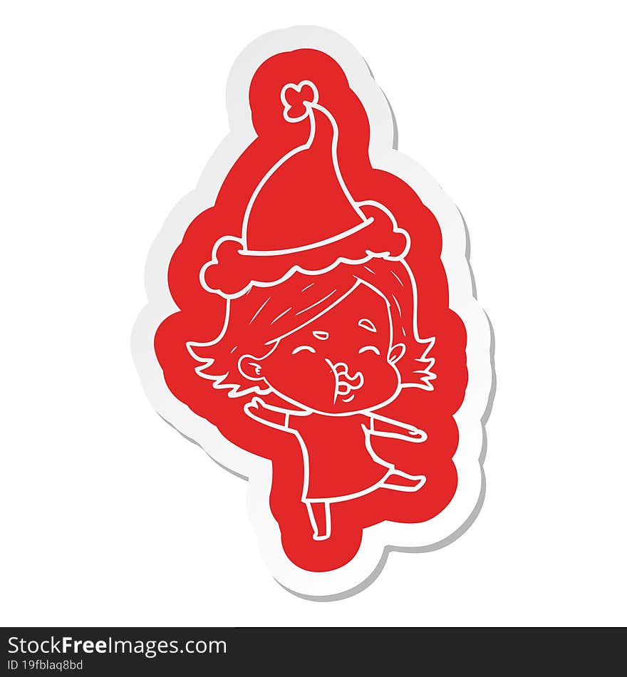 cartoon  sticker of a girl pulling face wearing santa hat