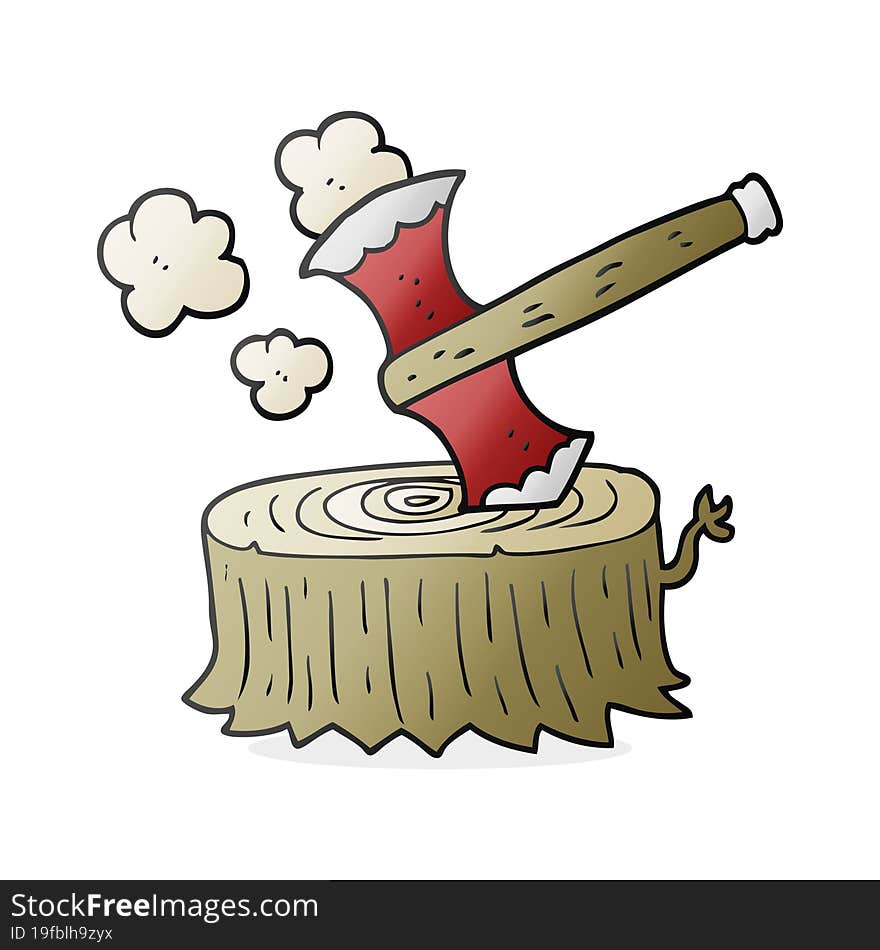 freehand drawn cartoon tree stump and axe