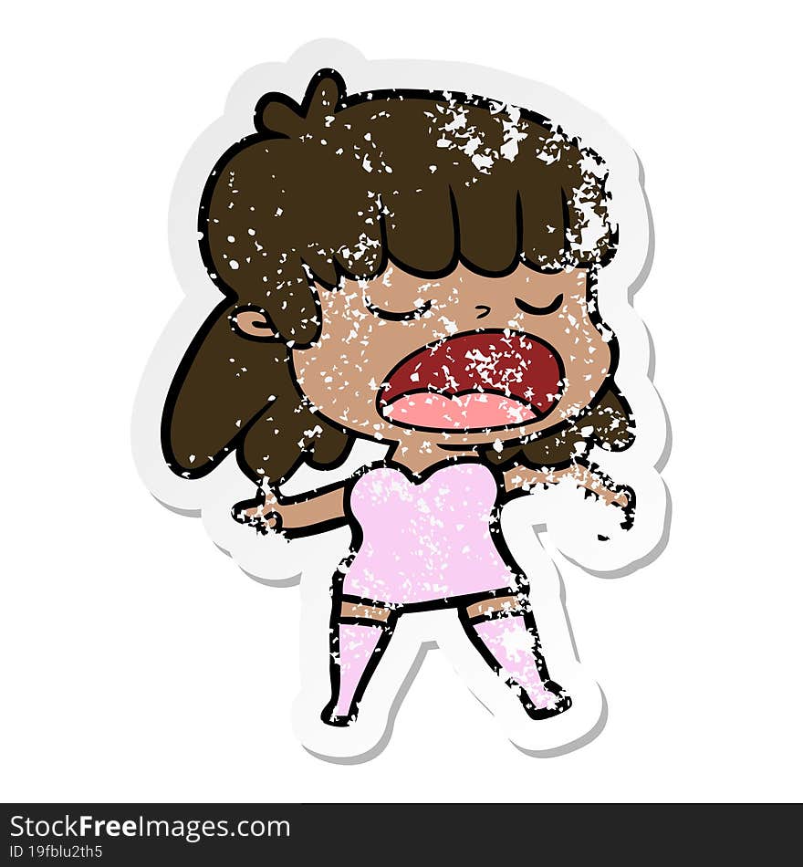 distressed sticker of a cartoon woman talking loudly