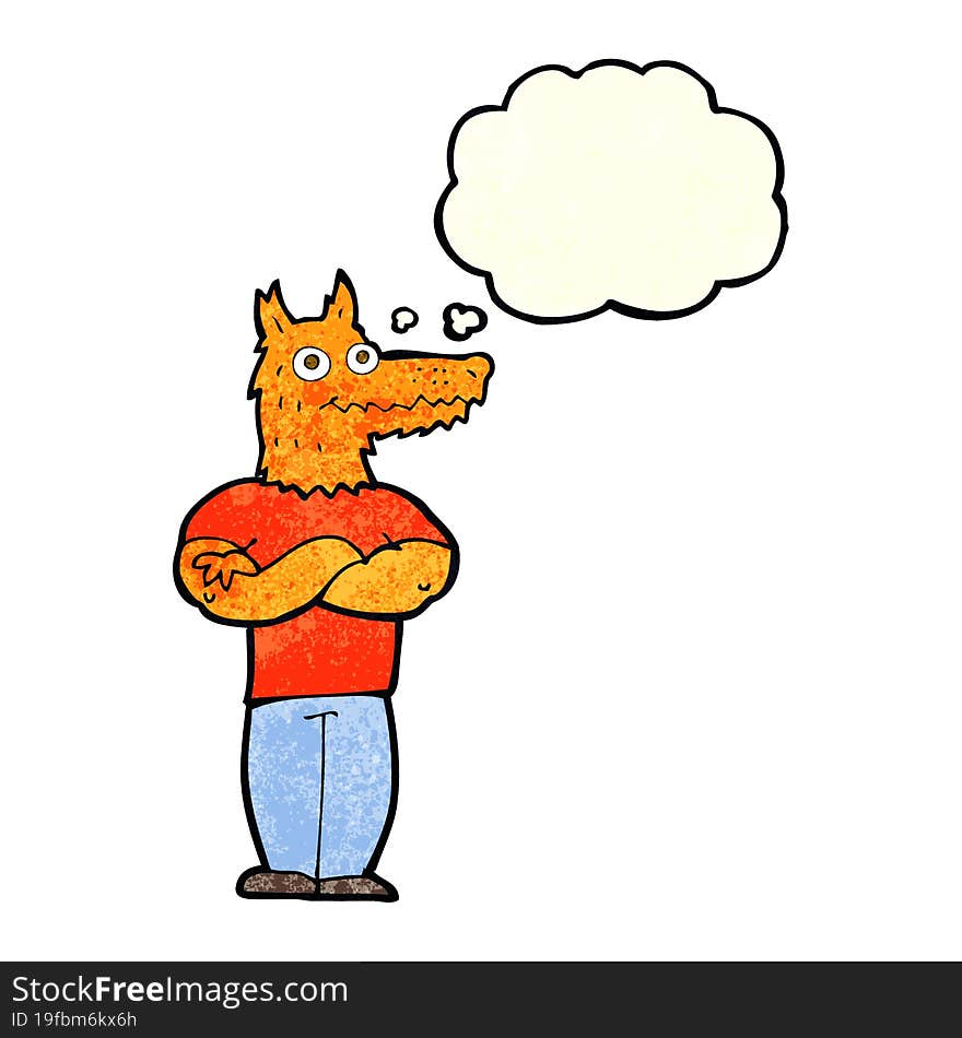 cartoon fox man with thought bubble