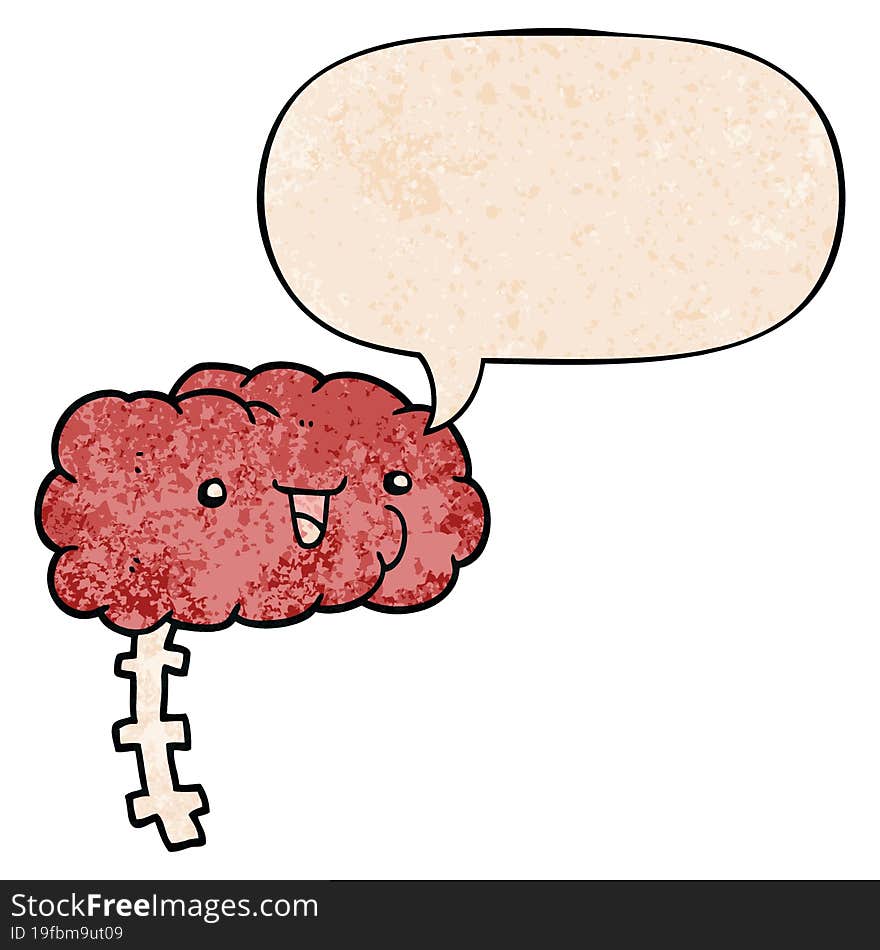 happy cartoon brain and speech bubble in retro texture style