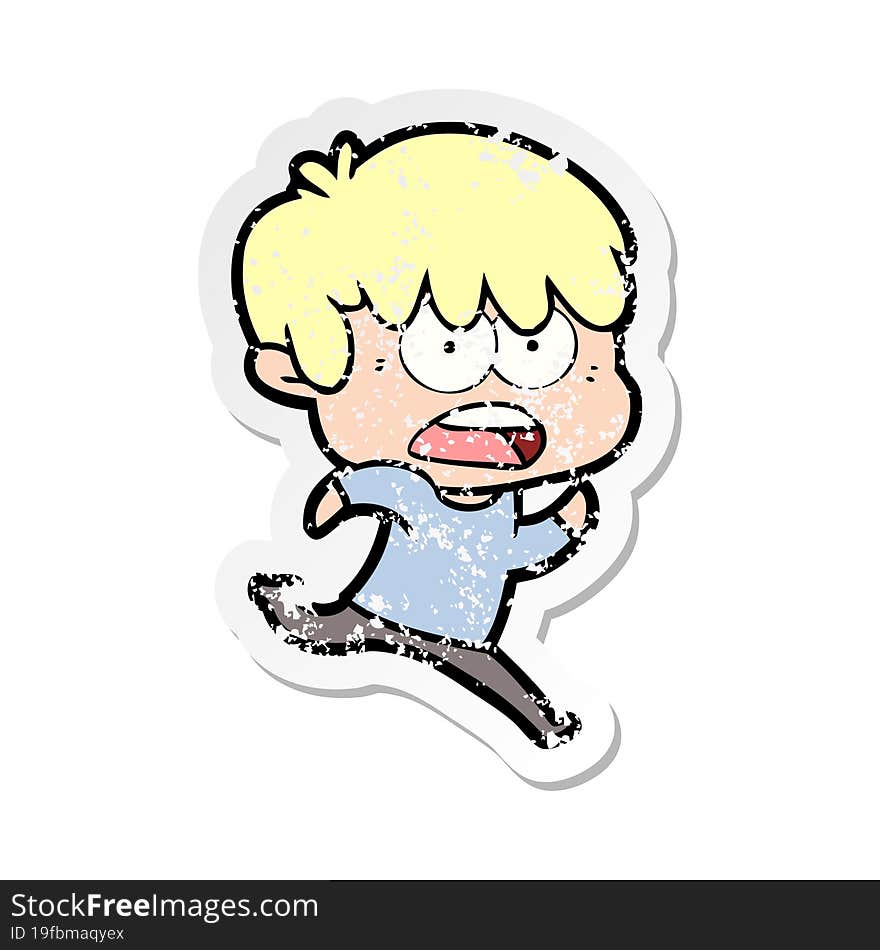 distressed sticker of a worried cartoon boy