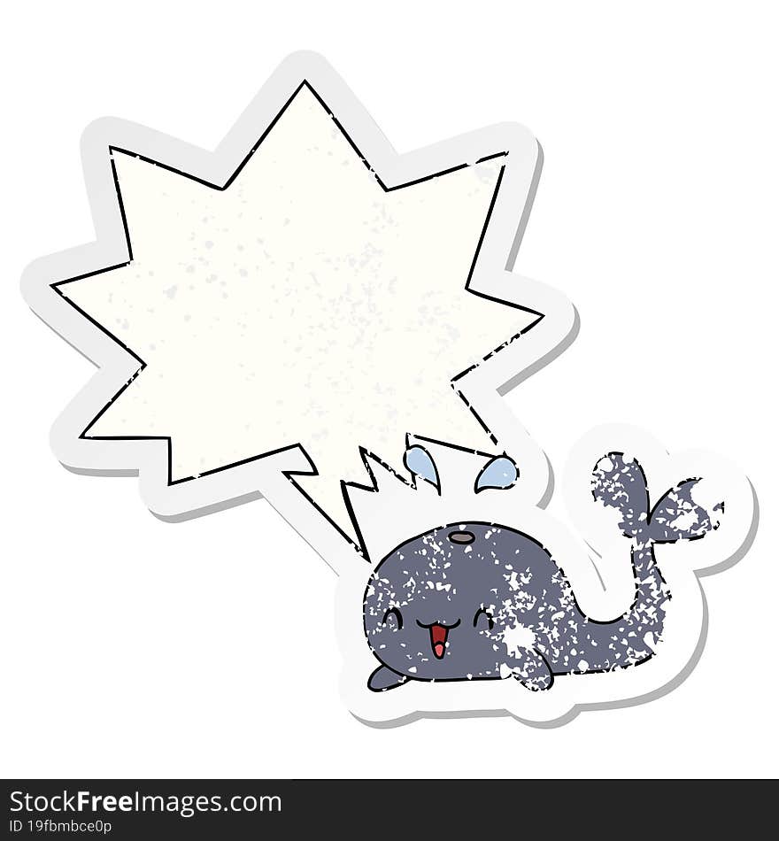 cartoon happy whale with speech bubble distressed distressed old sticker. cartoon happy whale with speech bubble distressed distressed old sticker