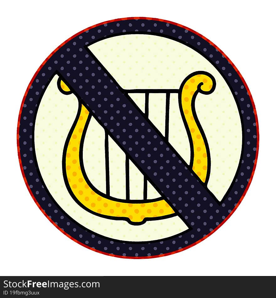 comic book style cartoon no harps allowed sign