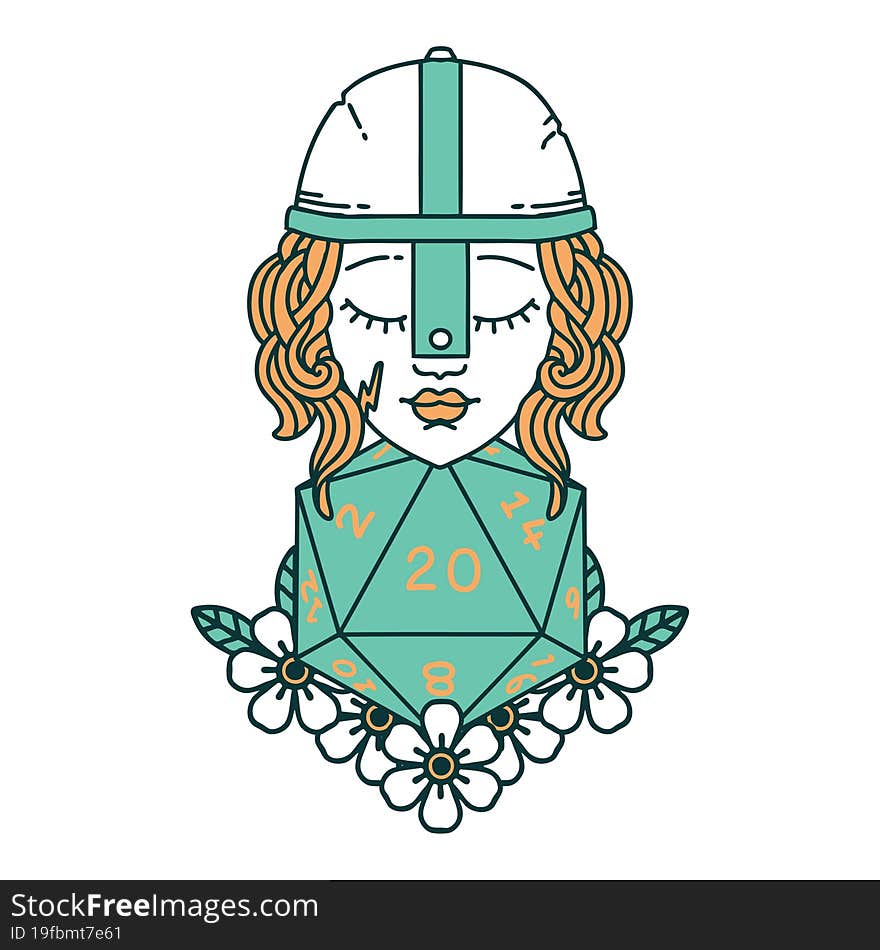 human fighter with natural 20 D20 dice roll illustration