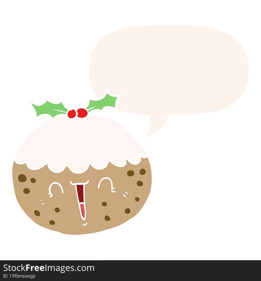 cute cartoon christmas pudding and speech bubble in retro style