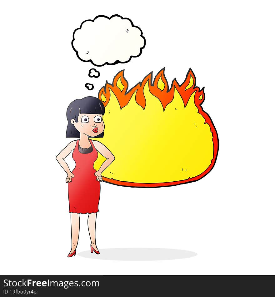 thought bubble cartoon woman in dress with hands on hips and flame banner