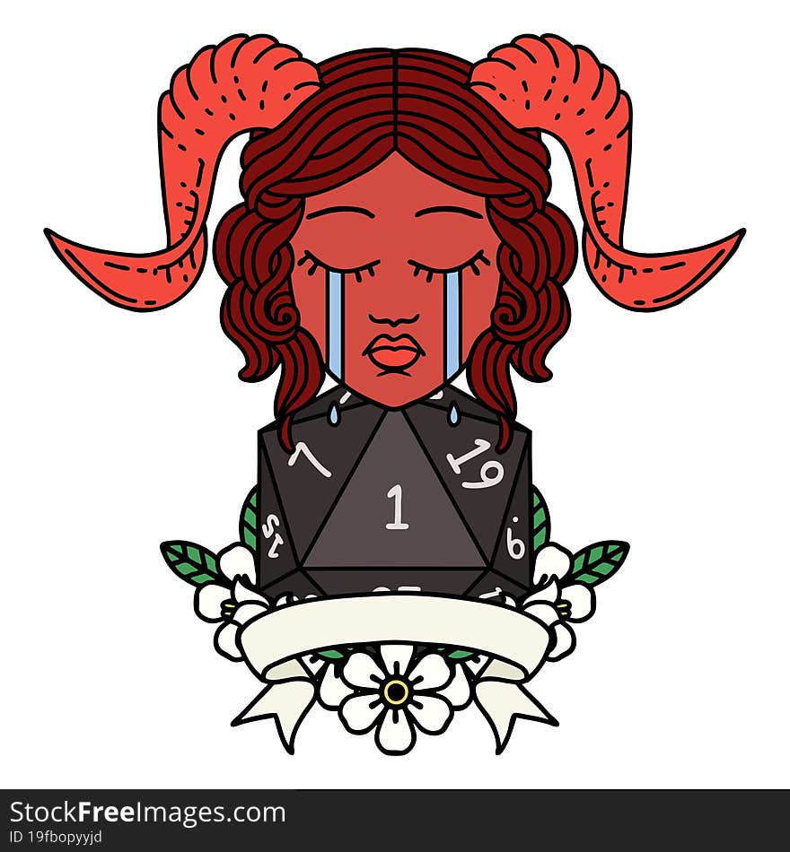 Retro Tattoo Style crying tiefling face with natural one d20. Retro Tattoo Style crying tiefling face with natural one d20