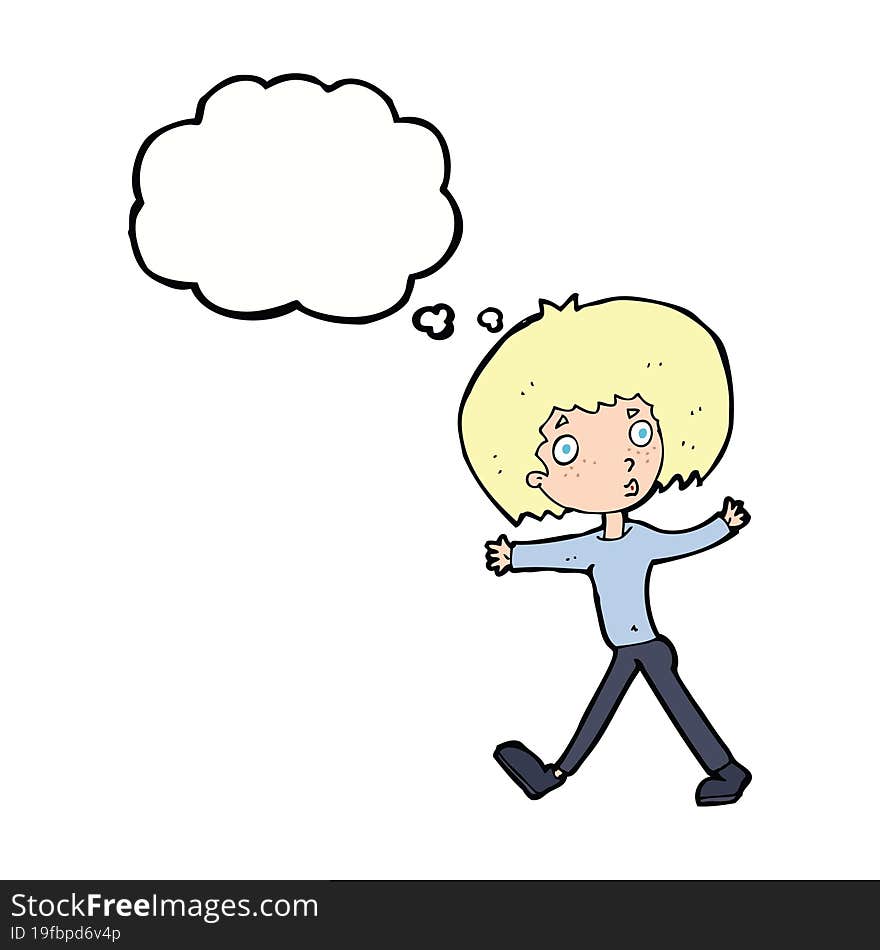 cartoon surprised man walking with thought bubble