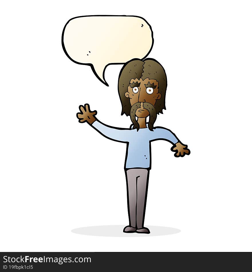 cartoon waving man with mustache with speech bubble