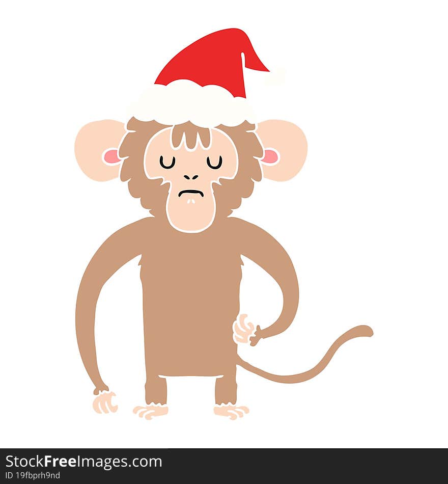 Flat Color Illustration Of A Monkey Scratching Wearing Santa Hat