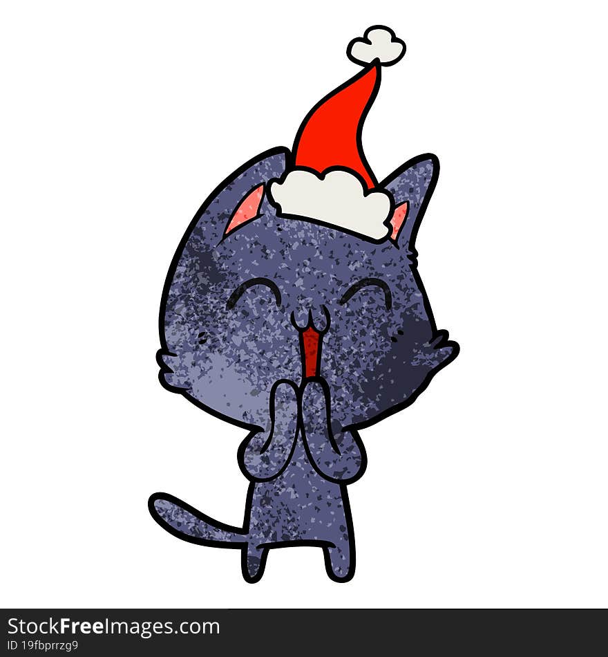 Happy Textured Cartoon Of A Cat Wearing Santa Hat