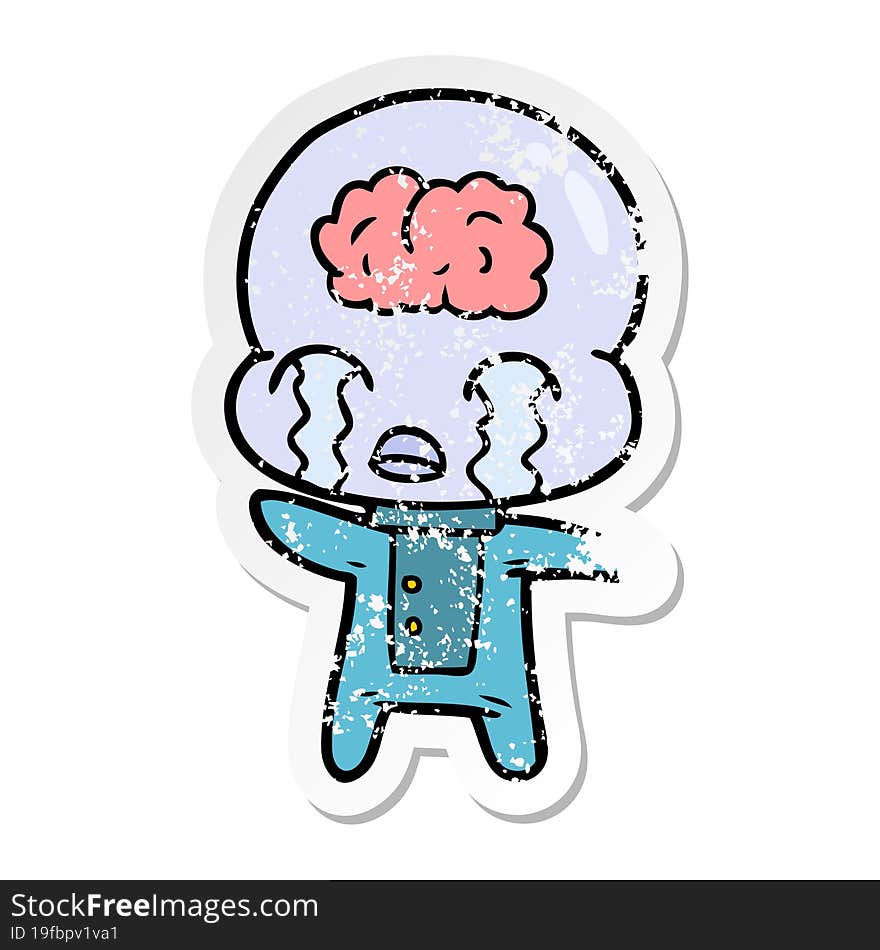 distressed sticker of a cartoon big brain alien crying