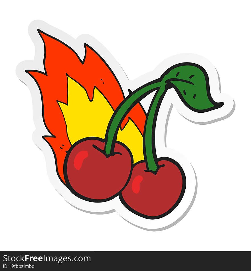 sticker of a cartoon flaming cherries