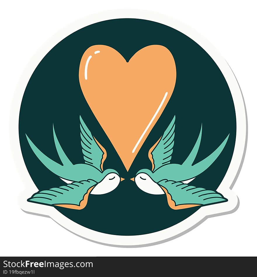 sticker of tattoo in traditional style of swallows and a heart. sticker of tattoo in traditional style of swallows and a heart