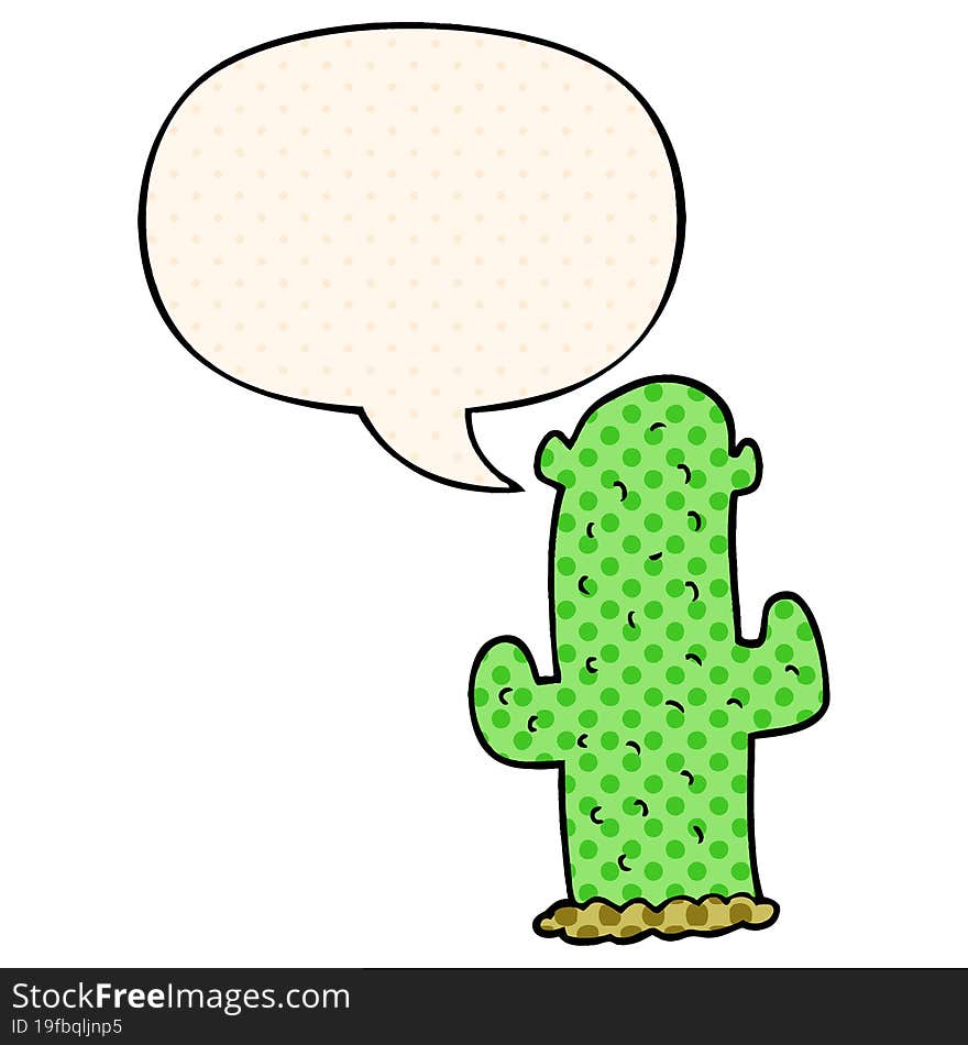 cartoon cactus and speech bubble in comic book style