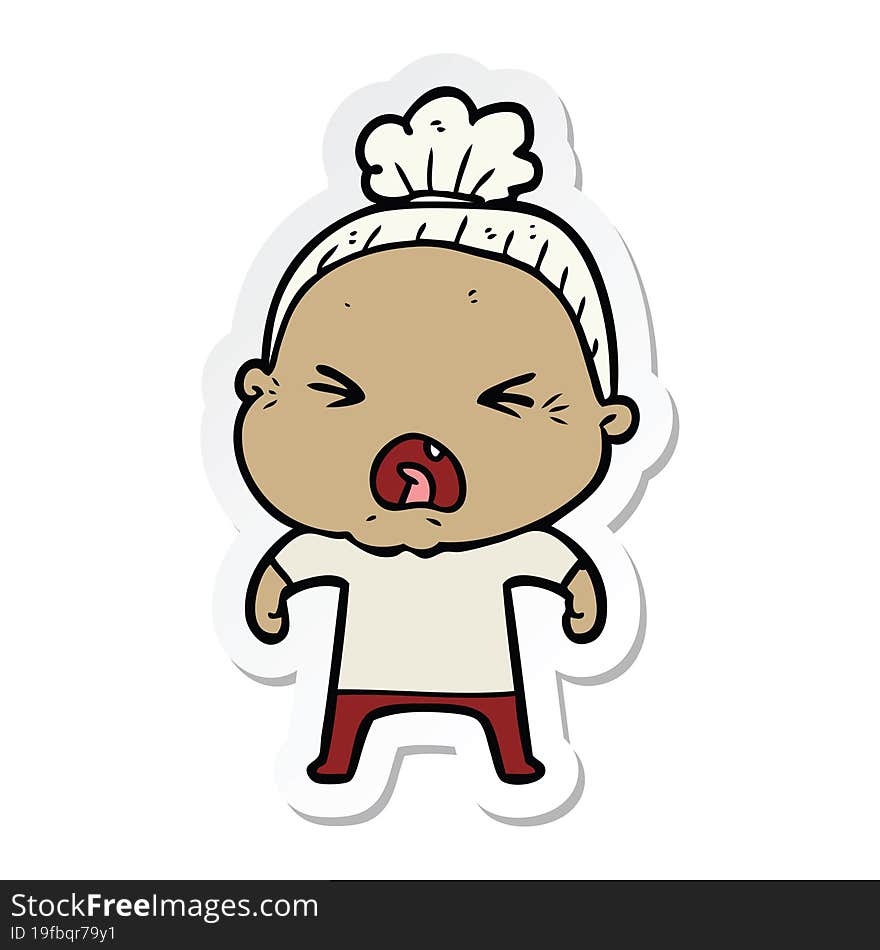 sticker of a cartoon angry old woman