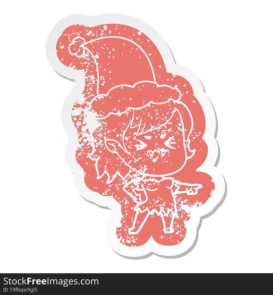 annoyed cartoon distressed sticker of a vampire girl wearing santa hat