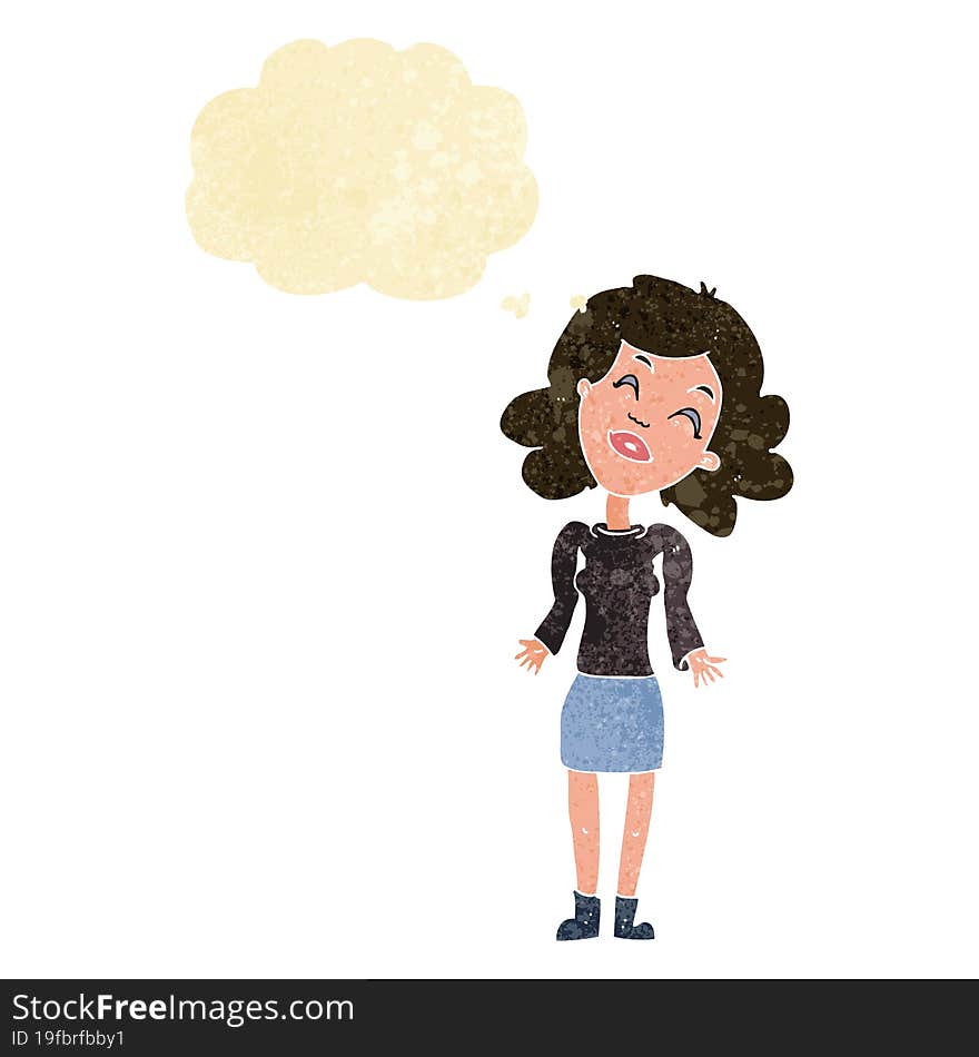 cartoon woman shrugging shoulders with thought bubble