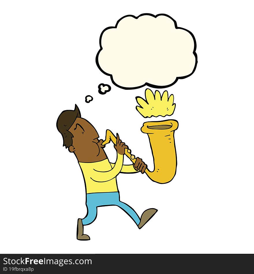 Cartoon Man Blowing Saxophone With Thought Bubble