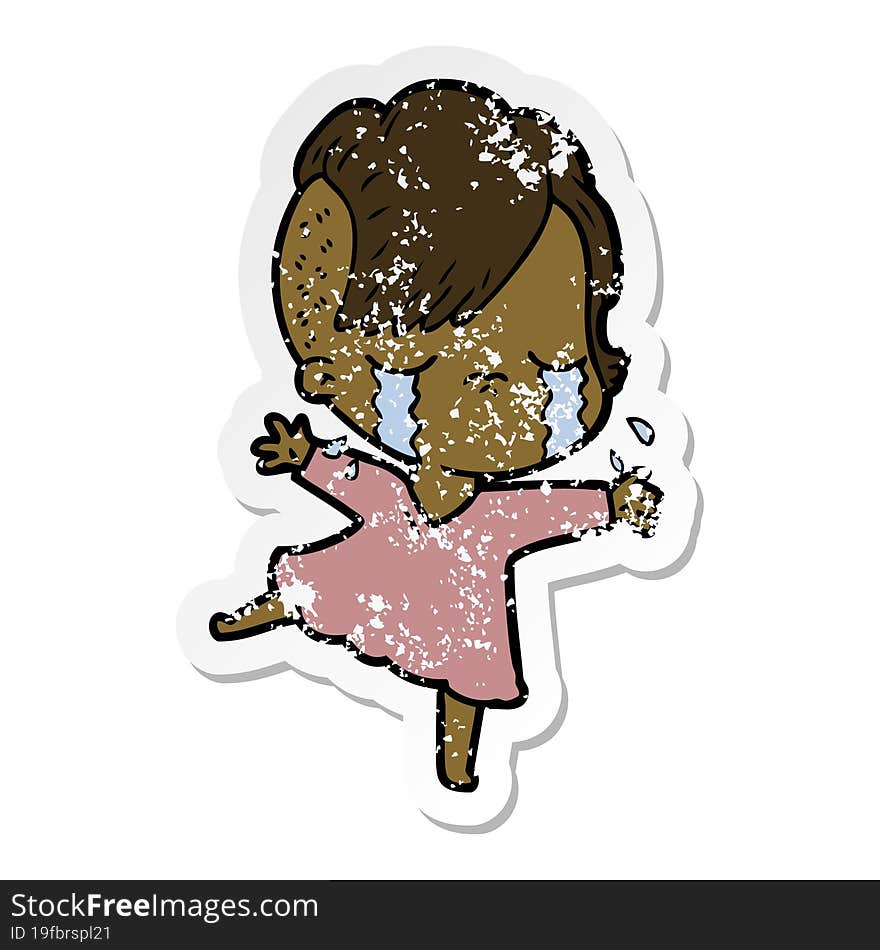 Distressed Sticker Of A Cartoon Crying Girl