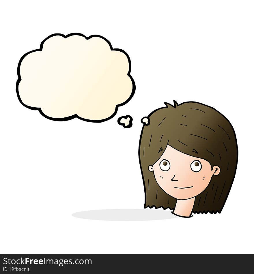 cartoon happy female face with thought bubble