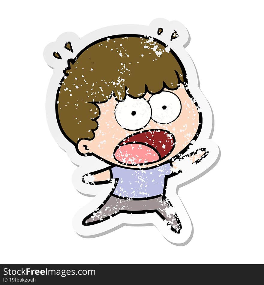 distressed sticker of a cartoon shocked man