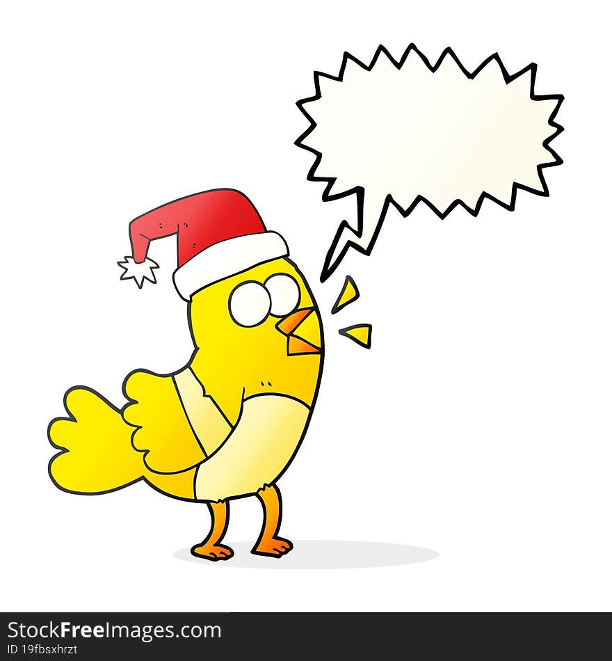 freehand drawn speech bubble cartoon bird wearing christmas hat