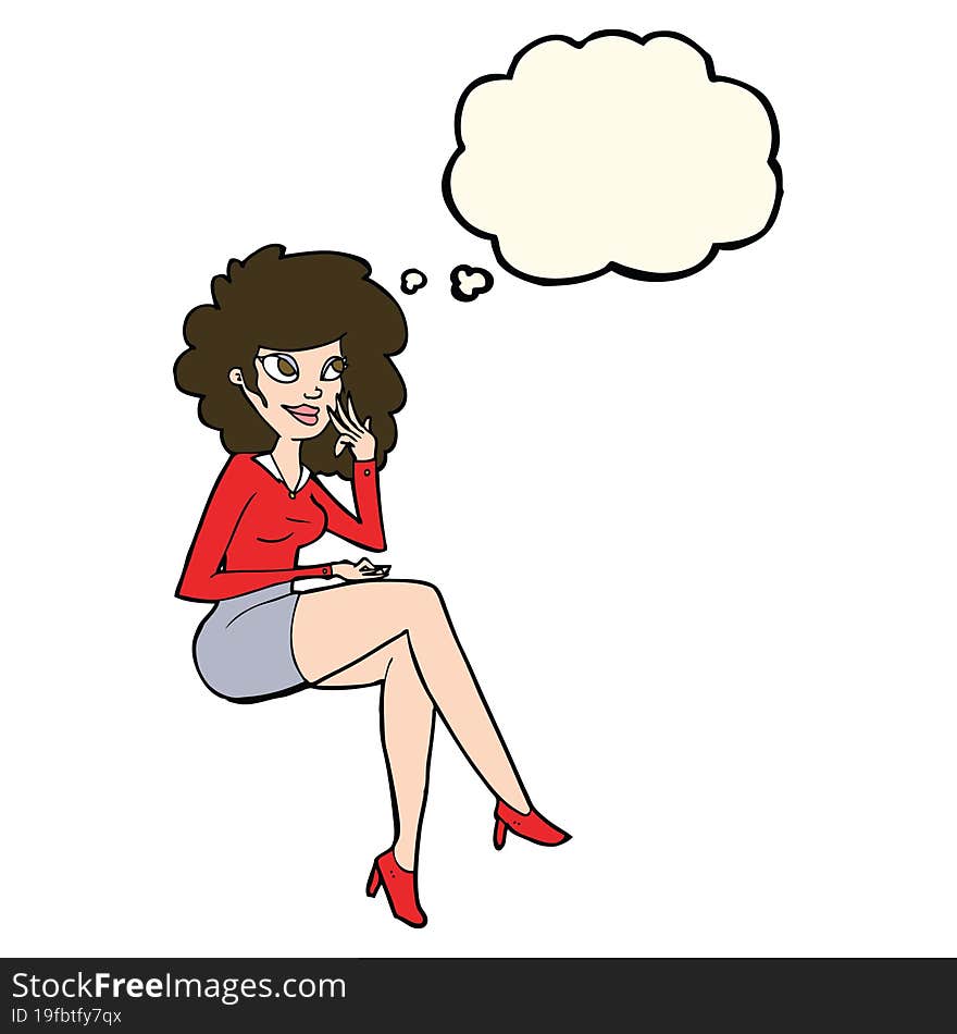 cartoon office woman sitting with thought bubble