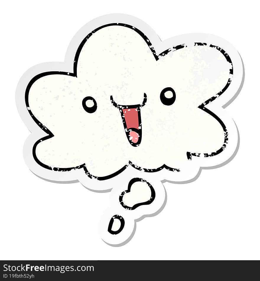 cute happy cartoon face with thought bubble as a distressed worn sticker