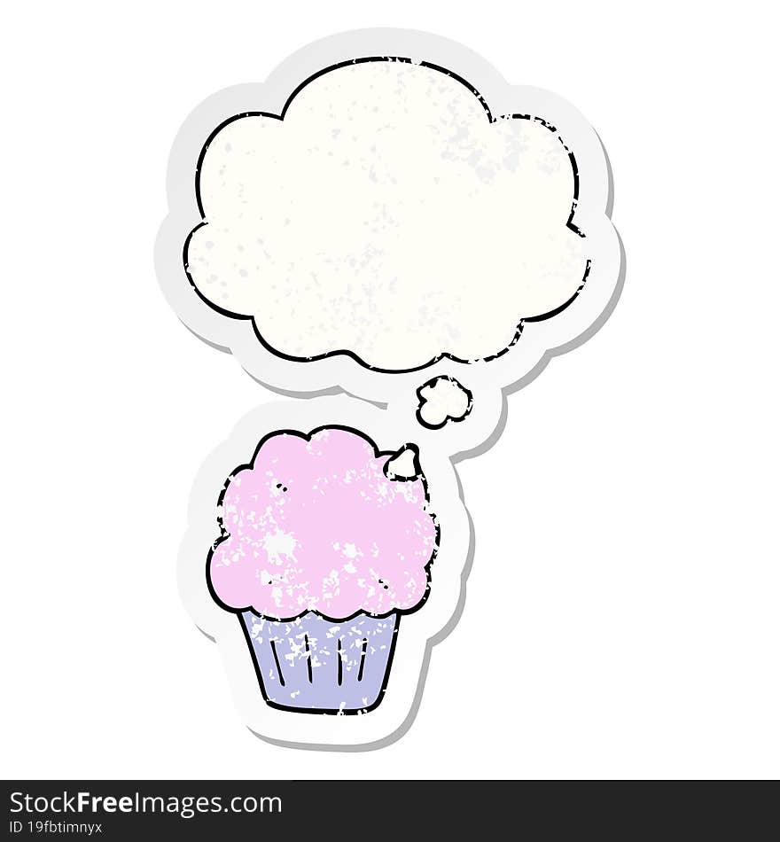 cartoon cupcake with thought bubble as a distressed worn sticker