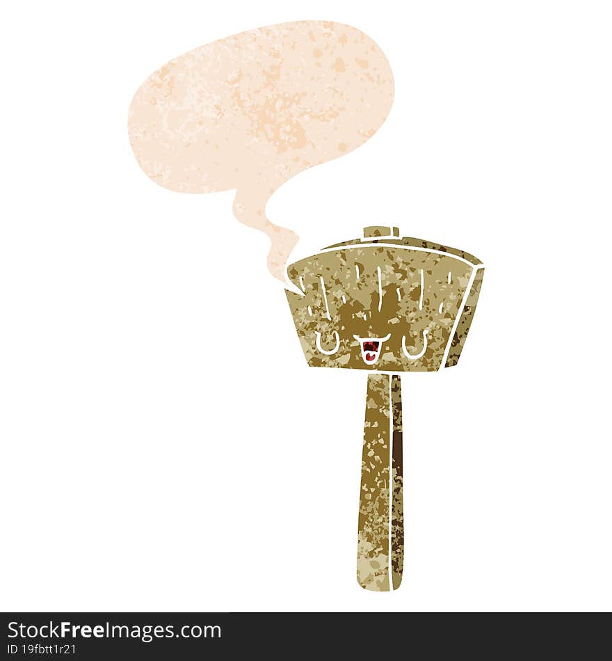 cartoon mallet and speech bubble in retro textured style