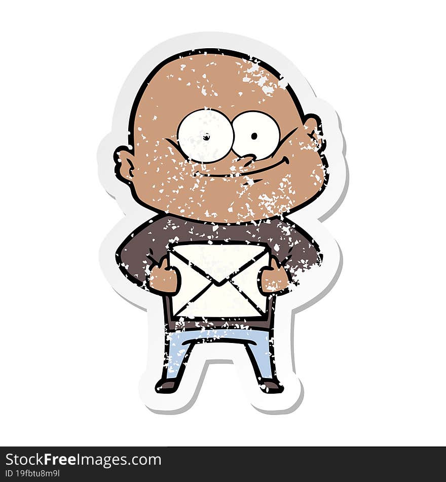 Distressed Sticker Of A Cartoon Bald Man Staring With Letter