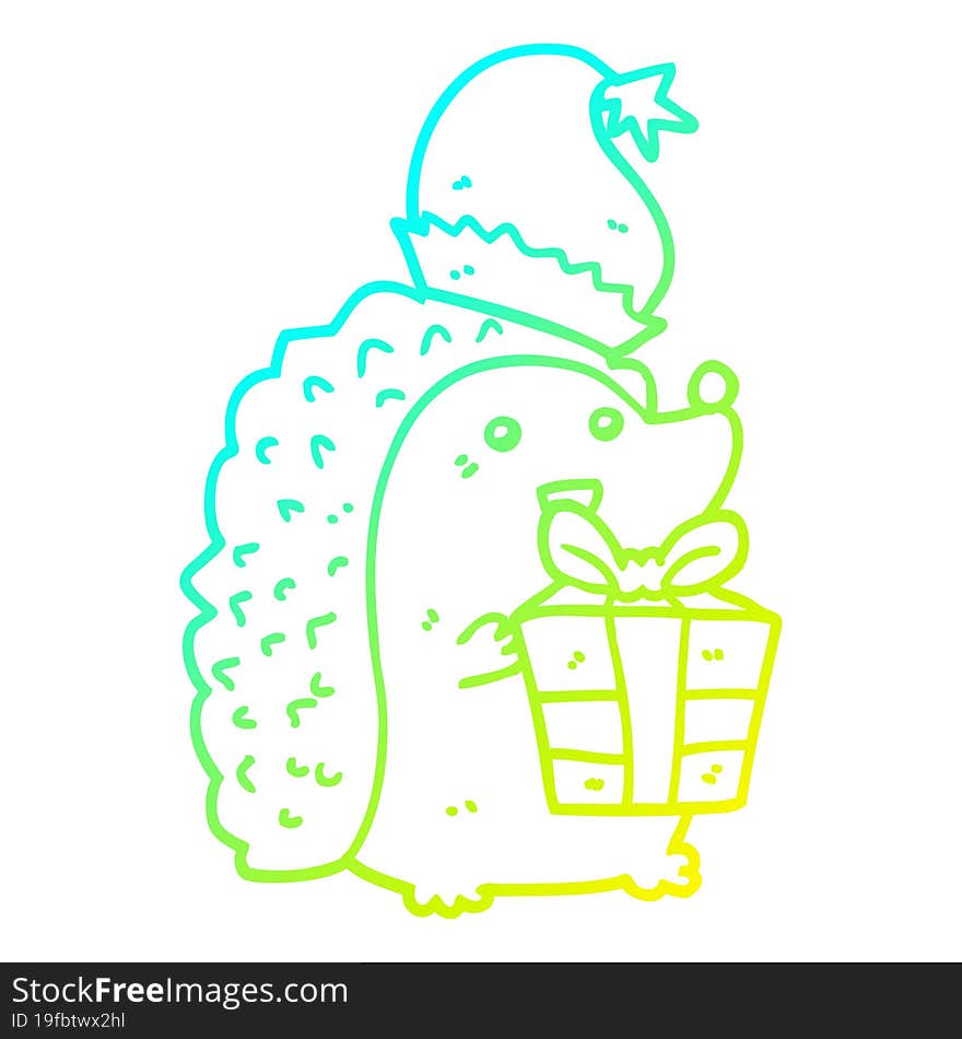 cold gradient line drawing cartoon hedgehog wearing christmas hat