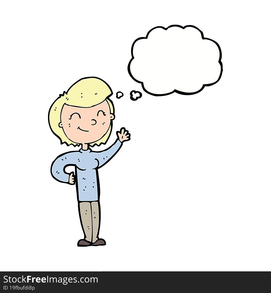 cartoon friendly waving woman with thought bubble