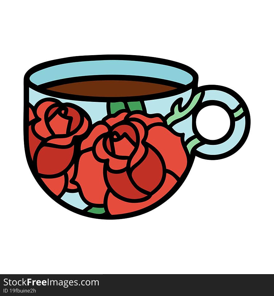 traditional tattoo of a cup and flowers