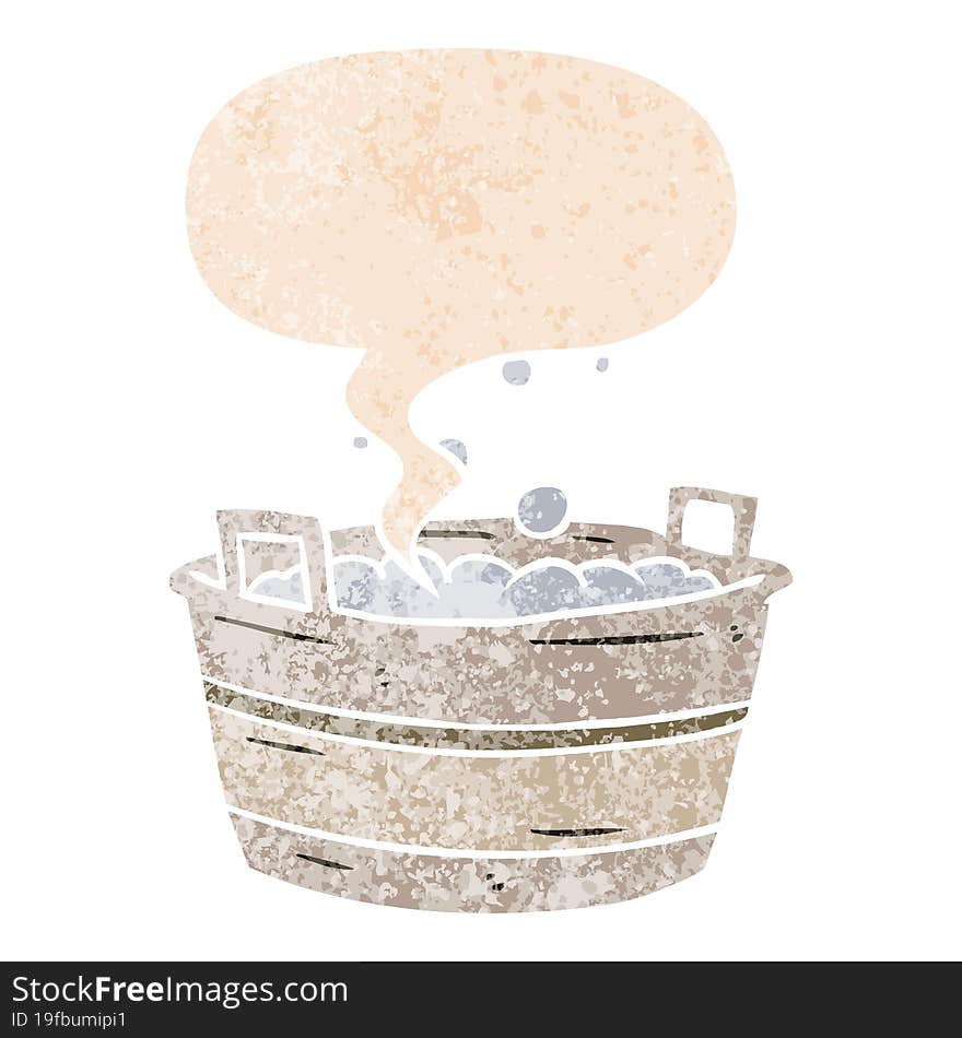 cartoon old tin bath and speech bubble in retro textured style