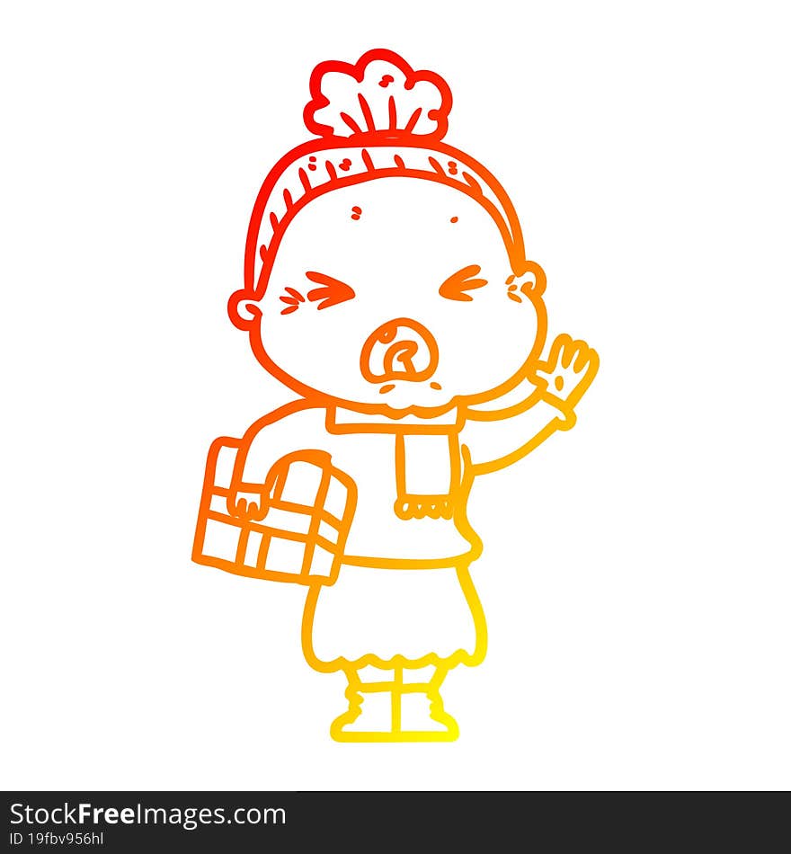 warm gradient line drawing cartoon angry old woman