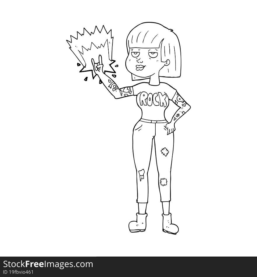 freehand drawn black and white cartoon rock girl